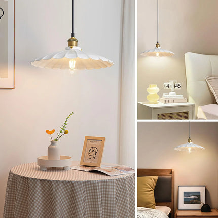Hanging Lamp Plug in 13.8 Inch round Metal Shade Plug in Chandelier Vintage White Pendant Light for Kitchen Island Dome Industrial Hanging Light Living Room with Light Bulb