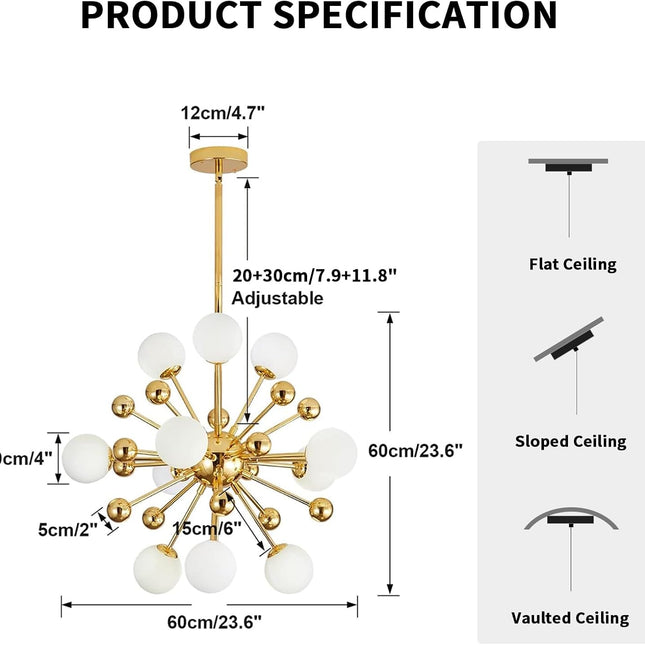 Lighting Sputnik Chandelier Lighting Fixture Gold Mid Century Modern Hanging Pendant Light, Frosted Glass Modern Ceiling Pendant Light Living Room Dining Room (11 Lights)