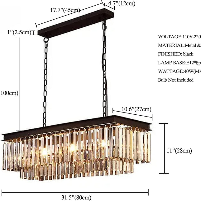 Crytal Chandeliers Rectangular Pendant Light Fixture Black Chandelier with K9 Crystal