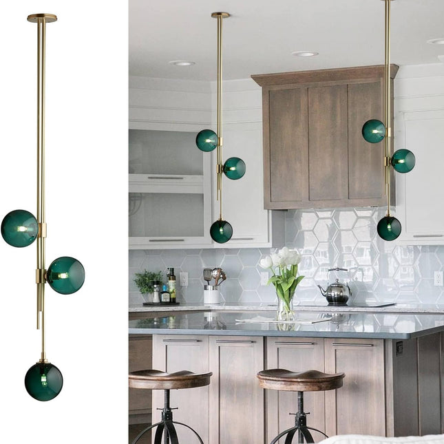 Modern 3-Light Pendant Light Fixture Green Globe Glass Chandeliers Ceiling Lights Brushed Gold round Ball Lighting Hanging Pendant Lamp for Bedroom Living Room Cafe Bar Shop Decoration (Green)