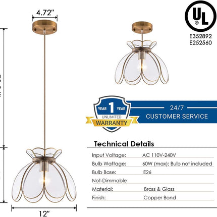 12" Vintage Brass Pendant Light Fixture, Flower Hanging Lamp for Kitchen Island, Glass Lotus Flower Ceiling Pendant Lighting for Entryway, Dining Room, Bedroom, Living Room, Clear, Large
