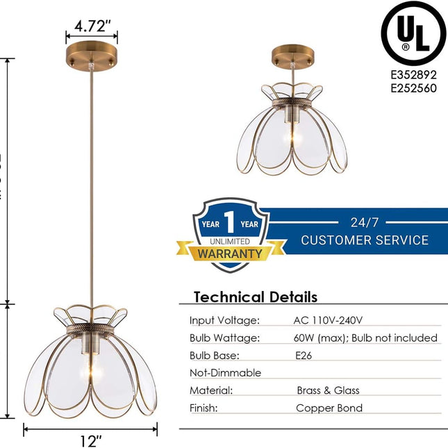12" Vintage Brass Pendant Light Fixture, Flower Hanging Lamp for Kitchen Island, Glass Lotus Flower Ceiling Pendant Lighting for Entryway, Dining Room, Bedroom, Living Room, Clear, Large