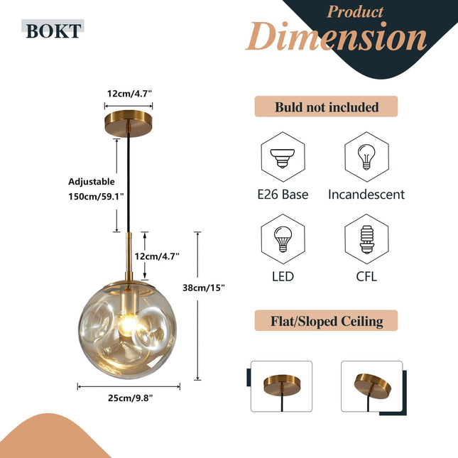Modern Large 1-Light Globe Pendant Light Mid Century Gold Hanging Pendant Light Fixture Kitchen Island Amber Glass Ball Pendant Lamp Single Single Pendant Lighting (9.8”-Amber)