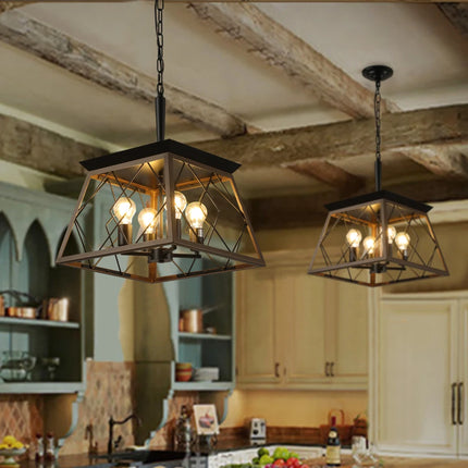 16" Walnut Industrial 4-Light Pendant Chandelier, Modern Metal Cage Design, Adjustable Hanging Light