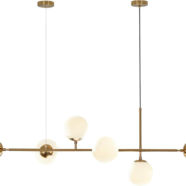 Brass Gold 6-Lights Straight Pendant Light Fixture Mid Century Modern Linear Sputnik Chandelier Large Globe Kitchen Island Dining Pendant Lighting Milk Glass Globe Pendant Lamp
