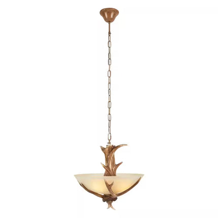 3-Light Brown Retro Resin Antler Pendant Light with Frosted Glass Bowl Shade