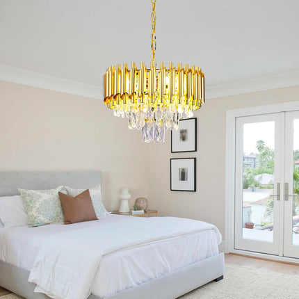 16'' Modern Crystal Chandelier Pendant Light 3-Tier Gold Chandelier Light Fixture Raindrop Modern Chandelier for Dining Room Kitchen Island Living Room Foyer