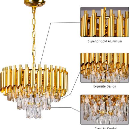 16'' Modern Crystal Chandelier Pendant Light 3-Tier Gold Chandelier Light Fixture Raindrop Modern Chandelier for Dining Room Kitchen Island Living Room Foyer