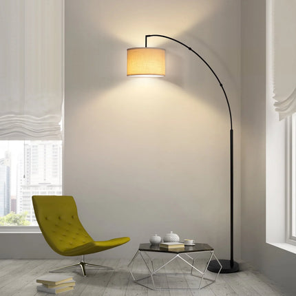 81" Arc Floor Lamp with Remote for Living Room, LED Dimmable Modern Standing Lamps with 4 Color Temperatures, Adjustable Linen Shade, Tall Light for Bedroom (Black+Beige Shade)