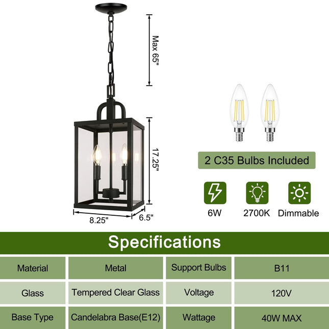 Large Outdoor Indoor Pendant Light 2-Light, Modern Black Metal outside Chande...