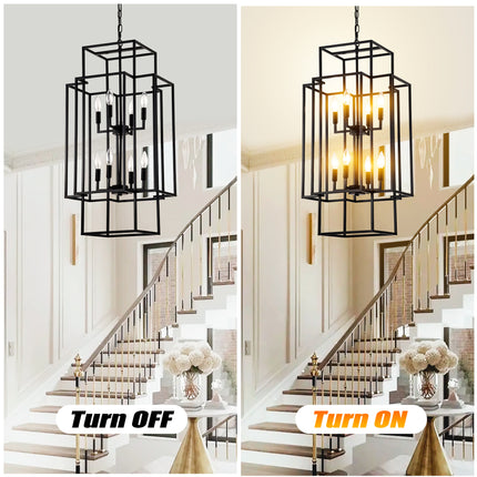 8-Light Metal Lantern Tiered Pendant Hanging Light Fixtures, Industrial Farmhouse Adjustable Height Chandeliers For Dining Room Hallway Foyer Entryway--Matte Black E12 Bulbs Not Included