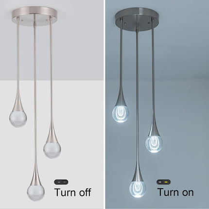 3-Light LED Pendant Light, Dimmable Crystal Pendant Lighting Ceiling Hanging Light Teardrop Pendant Light Fxiture for Kitchen Dining Room Bedroom 6000K Cool White Brushed Nickel
