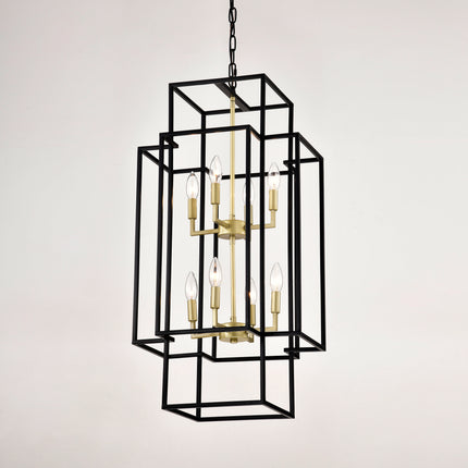 8-Light Metal Lantern Tiered Pendant Hanging Light Fixtures, Industrial Farmhouse Adjustable Height Chandeliers For Dining Room Hallway Foyer Entryway--Matte Black & Gold E12 Bulbs Not Included