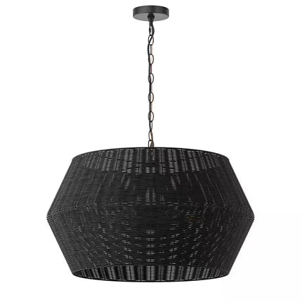 28.34 In. 6-Light Farmhouse Black Coastal Woven Chandelier with Rattan Basket Shade