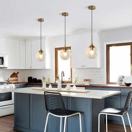 Lighting Mid Century Modern Pendant Chandelier Amber Glass Hanging Lamp Gold Globe Pendant Lights Kitchen Island Brushed Brass Pendant Light Large Kitchen Pendant Lighting over Island