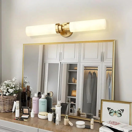 Modern Gold Vanity Light Fixture Over Mirror 2 Light Bathroom Sconces Milk Glass Shade Dimmable Wall Lighting Hardwired Indoor