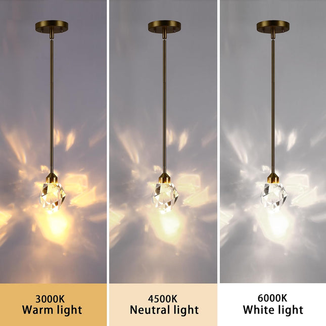 Gold Crystal Pendant Light Small Hanging Pendant Light Fixtures 8W LED Light 3 Color Temperature Adjustable 3000K-5000K-4000K Mini Single Modern Chandelier for Kitchen Island Bathroom