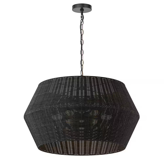 28.34 In. 6-Light Farmhouse Black Coastal Woven Chandelier with Rattan Basket Shade
