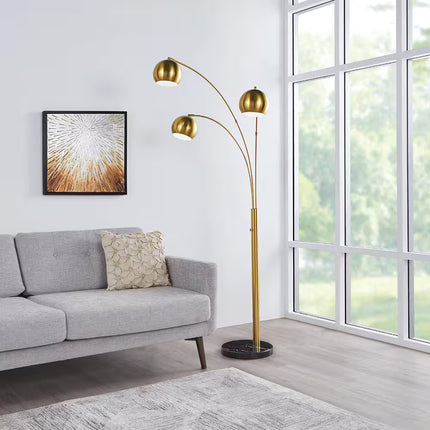 Caldwell 74.5 In. 3-Light Gold Arc Floor Lamp with Metal Shades and Black Marble Base