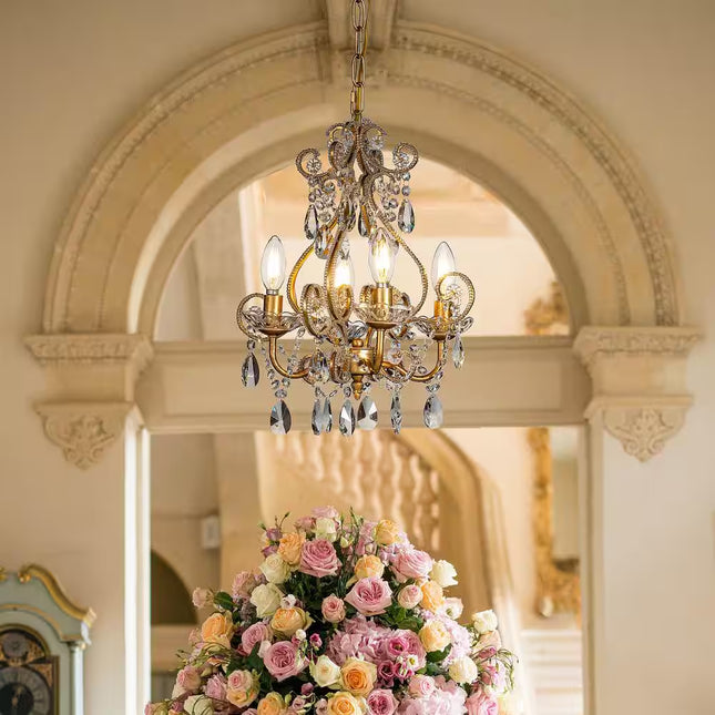 4-Light Antique Gold Crystal Candlestick Chandelier 13 In. Pendant Light with Teardrop Beads