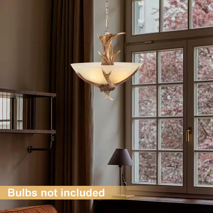 3-Light Brown Retro Resin Antler Pendant Light with Frosted Glass Bowl Shade