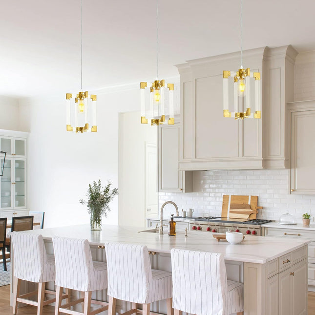 Gold Pendant Light Fixtures with Brushed Brass Finish,1-Light Modern Linear Chandelier Light Fixture for Dining Room,Kitchen Island,Living Room,Bathroom,Bedroom