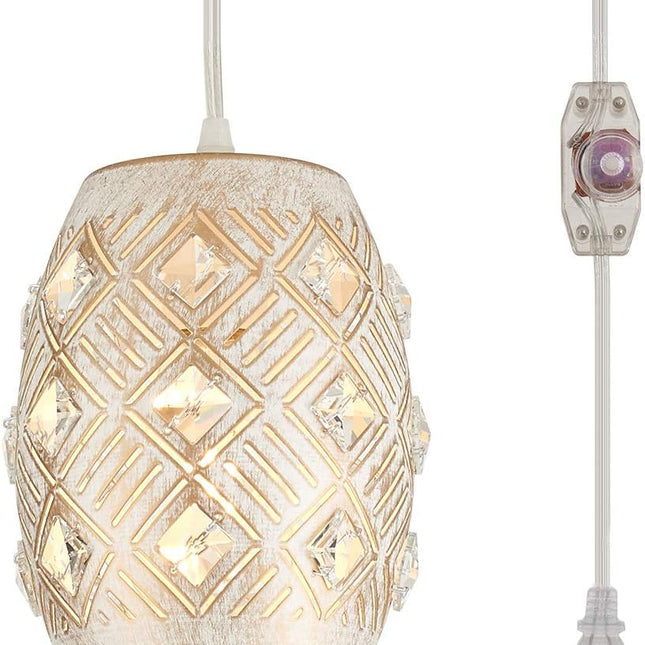 Hanging Lights with Plug in Cord, Boho Plug in Pendant Light 16 FT Cord, White Crysta Hanging Pendant Light Dimmable for Bedroom,Living Room,Dining Room,Corner
