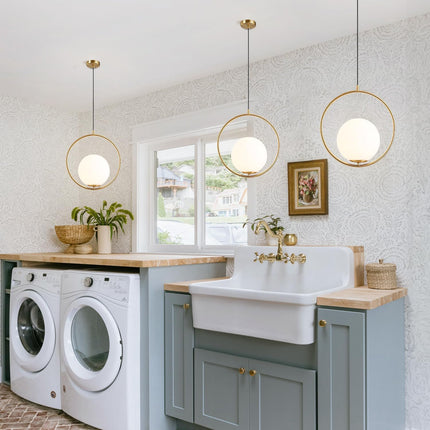 Modern Gold 1-Lights Globe Pendant Light Minimalist Single round Pendant Lighting Mid Century White Glass Ball Hanging Lamp Brushed Brass Kitchen Bathroom Pendant Light