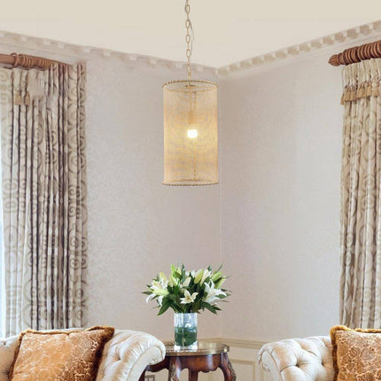 9.84 In. 1-Light Beige Cylindrical Mini Hanging Pendant Light with Woven Rope Shade