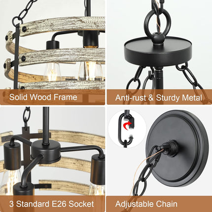 DLLT 3-Light Farmhouse Chandelier Light Fixtures, Rustic Drum Hanging Pendant Lighting, Semi Flush Mount Ceiling Light for Dining Room Kitchen Entryway Foyer Hallway, Black Metal Finish, E26 Base
