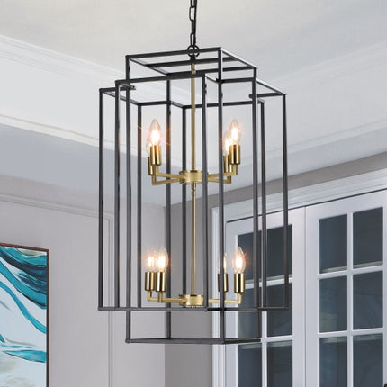 8 Lights Black & Gold Lantern Tiered Chandelier, Industrial Farmhouse Chandelier - No Bulbs Unavailable Platform- Temu