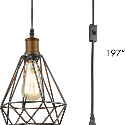 Industrial Farmhouse Plug in Pendant Light with On/Off Switch Wire Caged Hanging Pendant Lighting 16Ft Cord