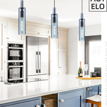 Blue Pendant Lights, 1-Light Modern Pendant Lights Kitchen Island, Pendant Lighting with Navy Blue Glass, Linear Hanging Light in Metal Frame for Kitchen Island, Dining Room, H3875 BU