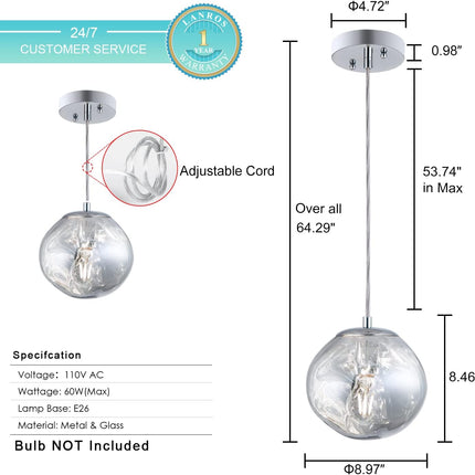 Modern Globe Acrylic Pendant Island Light in Melted Shape Mirror Reflective Acrylic Pendant Ceiling Light Fixture for Dining Room Kitchen Sink Chrome Plated 8Inch