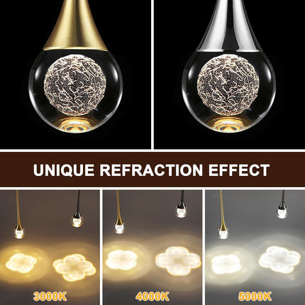 1-Light Gold Teardrop Crystal Pendant Light, 3-Color Temperature Dimmable Pendant Light Fixtures, 8W LED Modern Ceiling Light, Globe Pendant Lights Kitchen Island Bathroom Bedroom Bar
