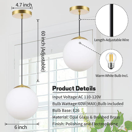 6-Inch Mini Modern Globe Pendant Light Opal Glass with Brass Finish Contemporary