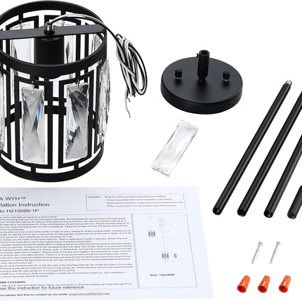 Mini Crystal Semi Flush Mount Ceiling Light, Convertible Hanging Pendant Lighting Fixture for Kitchen Island, Black Drum Shade Close to Ceiling Lights for Hallway Entryway