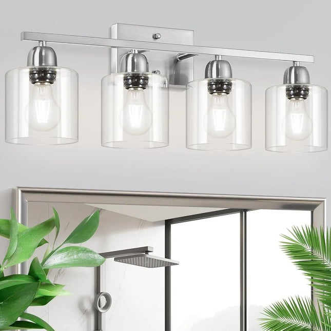Brushed Nickel Bathroom Vanity Light 4 Bulb Over Mirror Fixture Glass E26 Socket Modern Style Elegant Home Decor