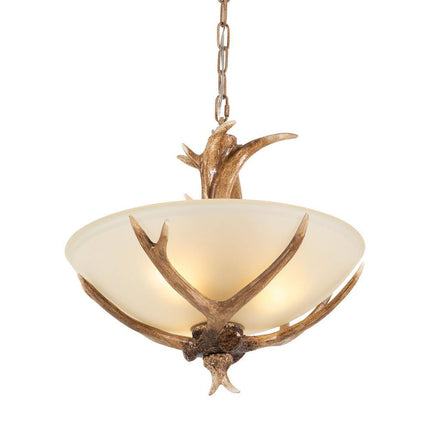 3-Light Brown Retro Resin Antler Pendant Light with Frosted Glass Bowl Shade