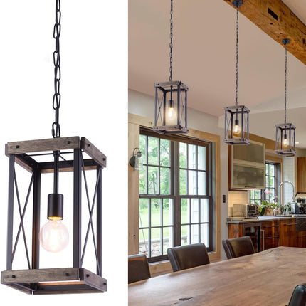 Farmhouse Pendant Light for Kitchen Island 1-Light Wood Pendant Hanging Lamp Black Metal Cage Pendant Lantern Lighting for Dining Room Kitchen Hallway