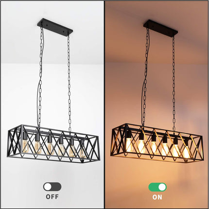 Farmhouse Kitchen Island Chandelier, Rectangular Vintage 6-Light Industrial Pendant Light, Rustic Hanging Pendant Light Fixtures for Dining Room Restaurant Bar Café