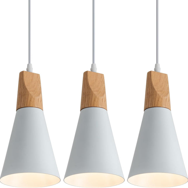 3 Pack White Wood Pendant Lighting for Kitchen Island Nordic Pendant Light Minimalist Hanging Light for Dining Room Kitchen Sink Bar Bedroom