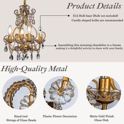 4-Light Antique Gold Crystal Candlestick Chandelier 13 In. Pendant Light with Teardrop Beads