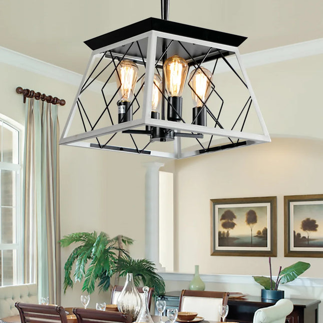 16" Walnut Industrial 4-Light Pendant Chandelier, Modern Metal Cage Design, Adjustable Hanging Light