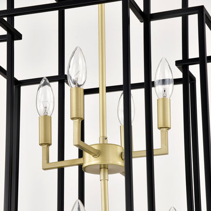 8-Light Metal Lantern Tiered Pendant Hanging Light Fixtures, Industrial Farmhouse Adjustable Height Chandeliers For Dining Room Hallway Foyer Entryway--Matte Black & Gold E12 Bulbs Not Included