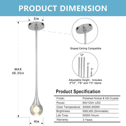 1-Light Pendant Lights Kitchen Island, 8W 3 Color Temperature Dimmable LED Pendant Light Fixtures, Silver Hanging Crystal Teardrop Pendant Lights for Bathroom, Bedroom