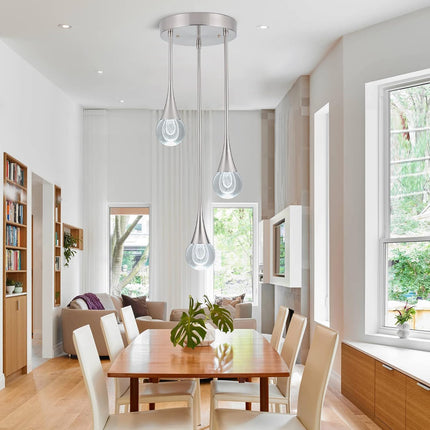 3-Light LED Pendant Light, Dimmable Crystal Pendant Lighting Ceiling Hanging Light Teardrop Pendant Light Fxiture for Kitchen Dining Room Bedroom 6000K Cool White Brushed Nickel