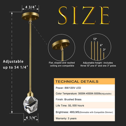 Gold Crystal Pendant Light Small Hanging Pendant Light Fixtures 8W LED Light 3 Color Temperature Adjustable 3000K-5000K-4000K Mini Single Modern Chandelier for Kitchen Island Bathroom