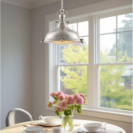Beacon 11" Industrial Farmhouse Pendant Light with round Fresnel Glass Lens, Adjustable Hanging Height, Brushed Nickel Finish