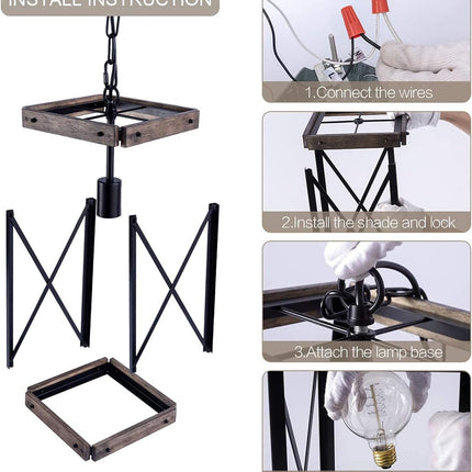 Farmhouse Pendant Light for Kitchen Island 1-Light Wood Pendant Hanging Lamp Black Metal Cage Pendant Lantern Lighting for Dining Room Kitchen Hallway